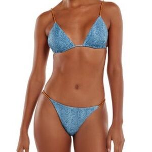 Blue Patterned Bikini with Tan Straps